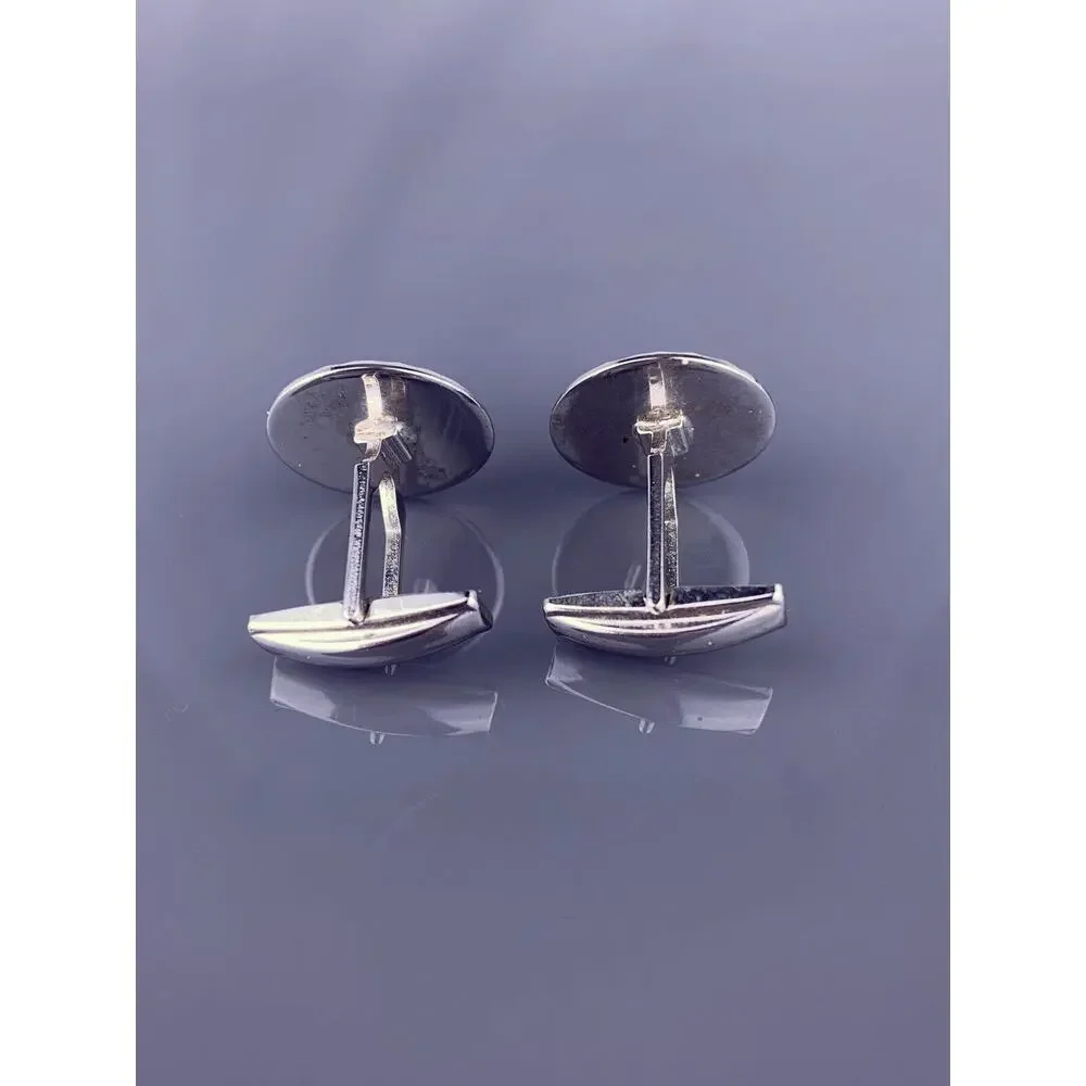 Hematite Rhinestone Silver Tone Cufflinks Hammered Edge Round Vintage